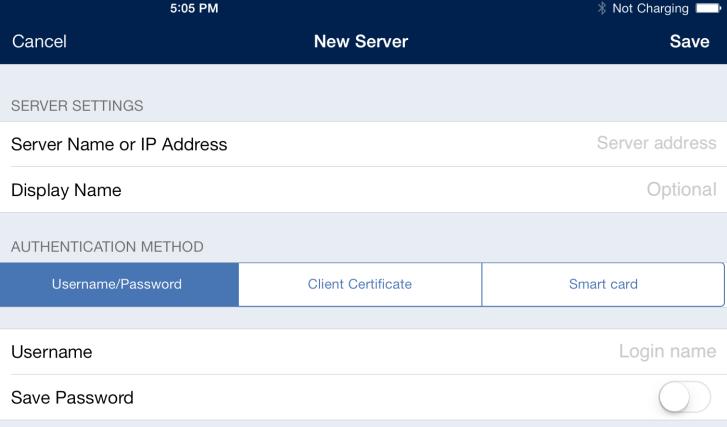 Note: Depending on the IT policy settings, the Access Mobile Client application user may be limited to only connect to specific preassigned servers. To add a server: 1. Tap the Add Server "+" button.