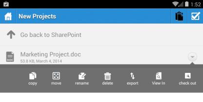 SharePoint integration To checkout a file 1. Enter one of your SharePoint libraries. 2. Tap the action buton for the file you want. 3. Tap Check Out.