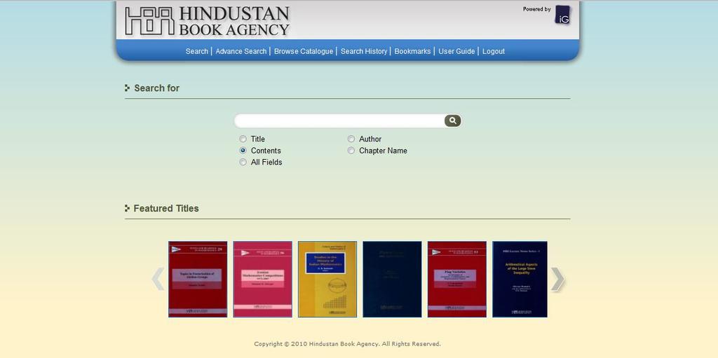 Search Home page of Hindustan book agency provides facility to its user to search books by entering the keyword or phrases.