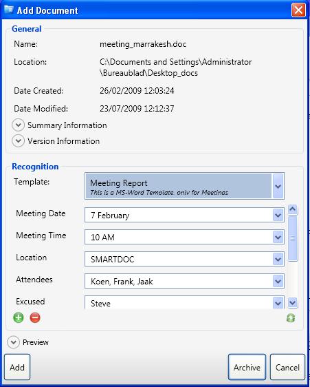 Pages: 11/49 SMARTdoc now tries to recognize the document type you selected. In the example below you selected a meeting report. When the document type is recognized, predefined indexes are filled in.