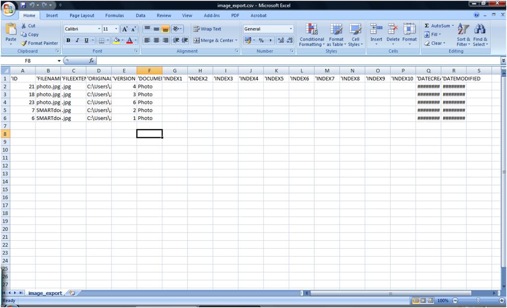 Pages: 32/49 This exported file can for example be opened by Excel. As you can see all document information and index information is saved in the CSV file. 4.7.