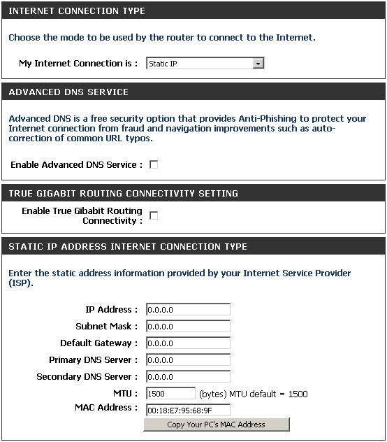 Manual Internet Setup Static (assigned by ISP) Select Static IP Address if all the Internet port s IP information is provided to you by your ISP.