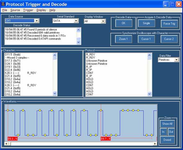 Protocol Trigger and Decode Control Window The Protocol Trigger and Decode control window consists of three windows, which you can show or hide from view.