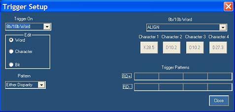 Trigger Setup Controls Use the Trigger Setup control window to set up direct hardware triggering on 8b/10b characters and words.