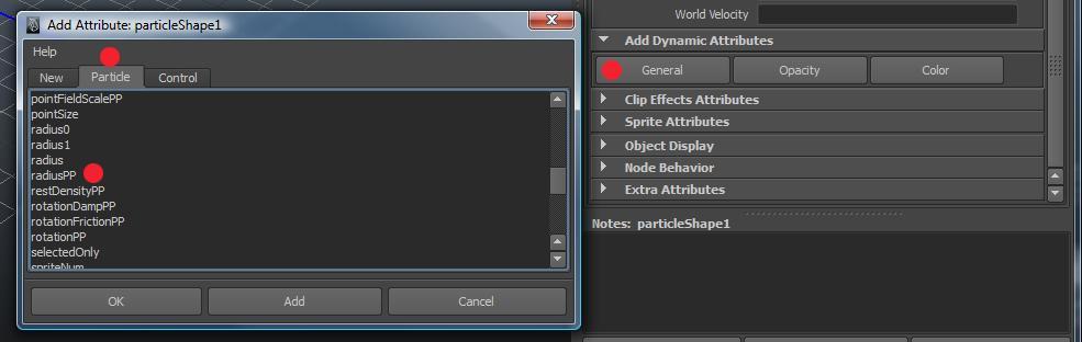 4 Dynamics and Particle Effects Creating the Missing Radius PP, Opacity PP, and RGB PP Attributes To create a radius size per particle (Radius PP), in the Add Dynamic Attributes window, click the