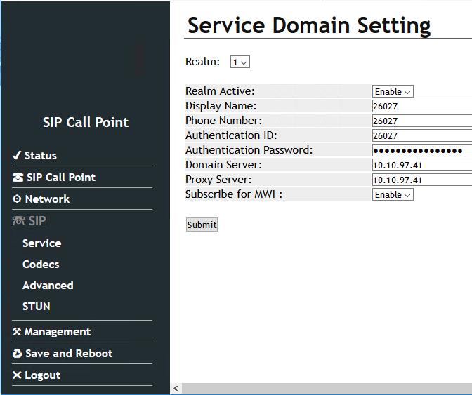 6.2. Configure Service Domain From the screen shown below, navigate to SIP Service and configure the following values. Realm Active: Select Enable from the drop-down menu.