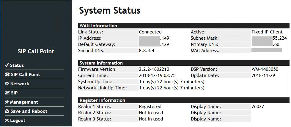 To verify registration status of misip Resident Unit s using web interface, navigate to System Status screen as shown below.