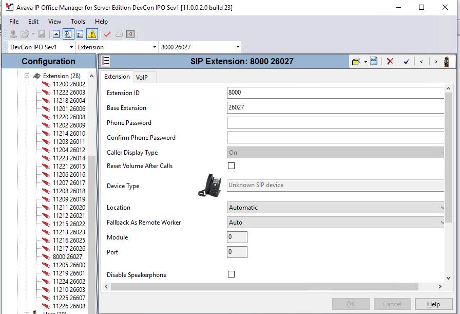 From the configuration tree in the left pane, navigate to DevCon IPO Sev1 Extension and right click on Extension and select New SIP Extension