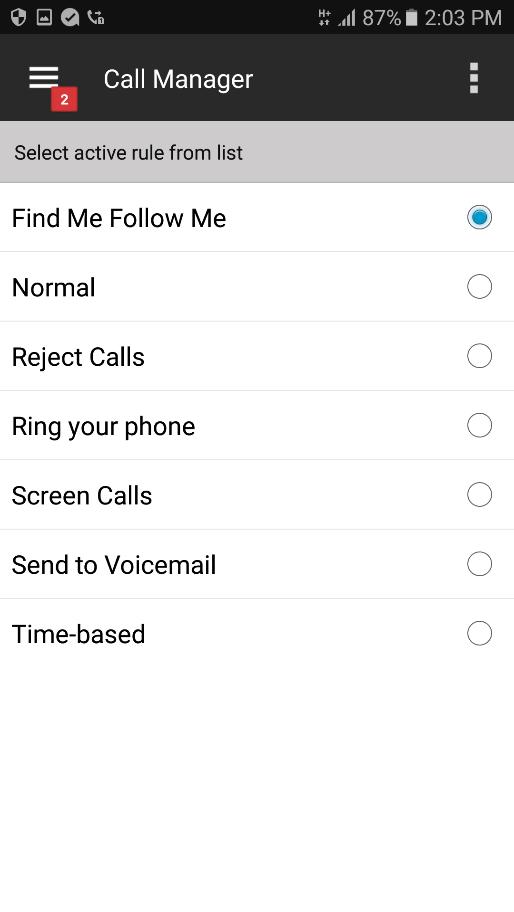 Call Manager Tap Call Manager in the main menu to select how you want newvoice Mobile to handle your calls. Figure 9.