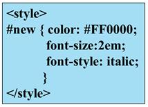 a CSS rule to a certain class of elements on a web page Does not associate the style to a specific HTML element Configure with.classname code CSS to create a class called new with red italic text.