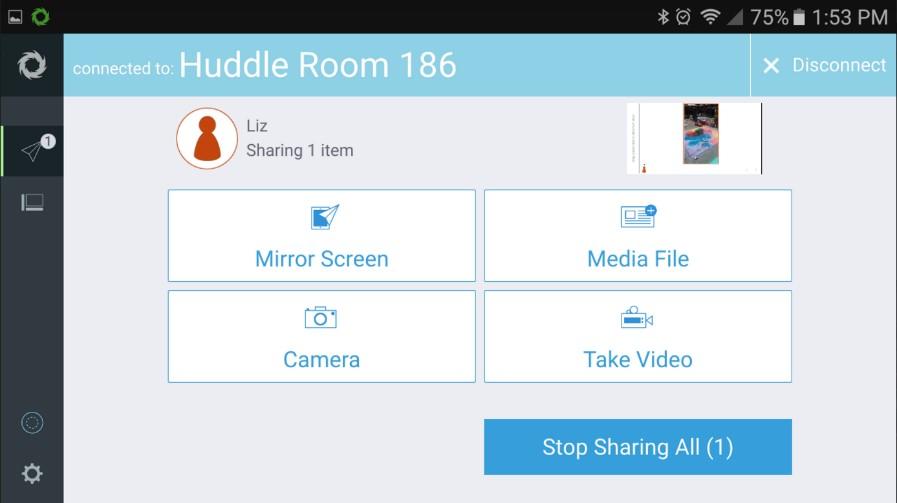 The Android and ios mobile device app sharing options include: Mirror Screen // mirror the device screen on the display as a media post.