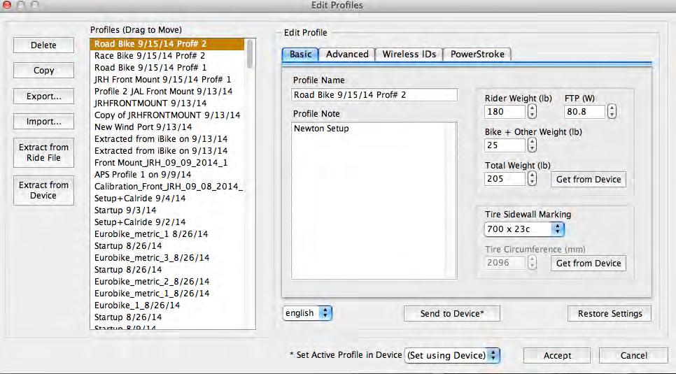 Go to Edit Profiles You ll see the profiles you ve created in a list on the left: Click on the profile you wish to edit. We ve selected the Road Bike 9/15/14 Prof #2 profile.