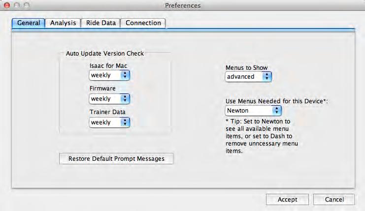 Edit/Preferences opens this window: In the General preference window you can select how frequently to have the Isaac software check for new software and firmware updates.
