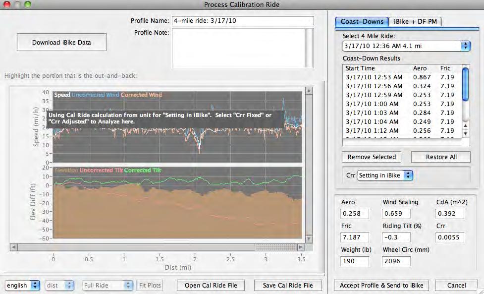 Crr Setting in ibike : 3) There s a lot going on in this screen! On the far right you ll see all of the coast downs results that are stored in your Newton.