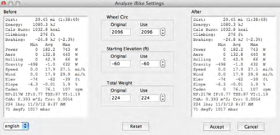 Analyze/Analyze Bike Settings This is the screen where you can adjust your wheel circumference, starting elevation, and rider weight. Any changes will be reflected in the ride file.
