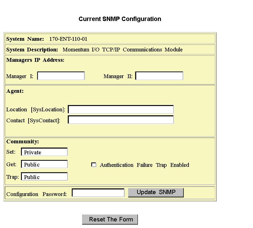 Using Embedded Web Pages Configuring the Current SNMP Configuration Overview This topic describes the embedded Web page that allows you to view and change the SNMP configuration parameters.