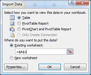 7) You are now ready to tell Excel where you want the data to be place on the spreadsheet. In most cases you will probably want to place the data starting in cell A1. Click OK to continue.