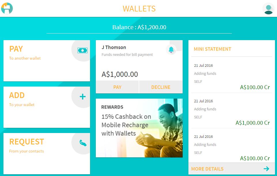 Wallets Dashboard 4. Wallets Dashboard Wallet dashboard provides a simple and clean view of the transactions and options available to the customers on wallet.