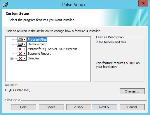 7 By default, Pulse is installed in the C:\AFCON\Pulse\ folder. Click Change to change the path of the destination folder, otherwise click Next. The Custom Setup window is displayed.