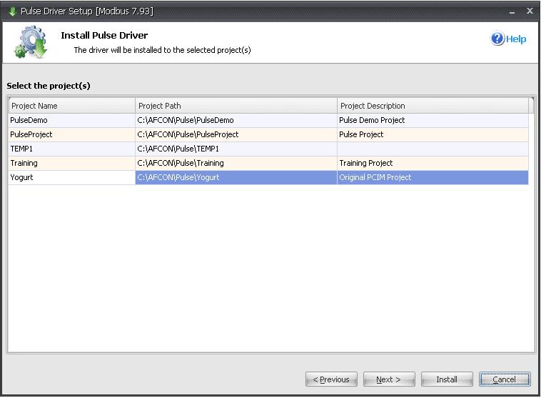 Select a project or install the driver into multiple projects using the standard