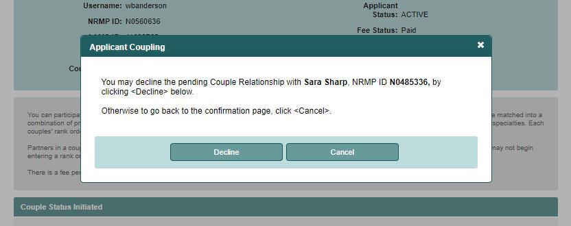 Reject Couple Request, Continued: 4. The Applicant Coupling pop-up displays. a.