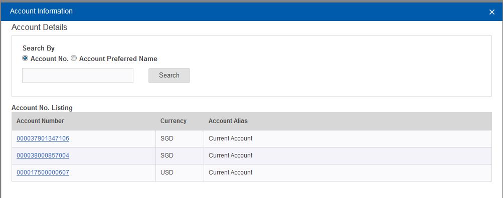 On Account No. field, select account by clicking and a light box will appear. 2. Select account based on Account No.