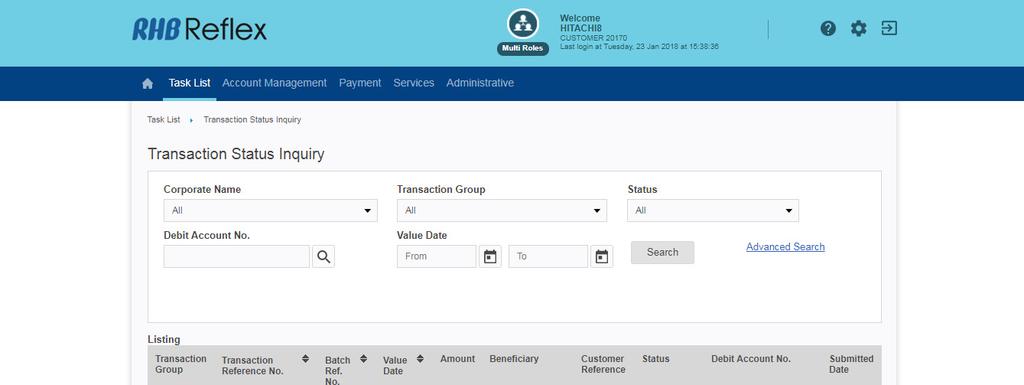 Part 8 Transaction Status Inquiry 7. User may select desired Reference Type by clicking on the Reference Type drop down list or keying in the Reference in the Reference No. field 8.