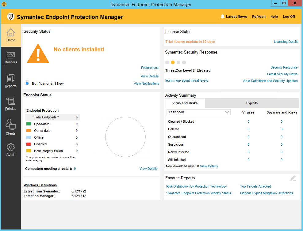This is the [Symantec Endpoint Protection Manager], once you have installed clients, you can Monitor, see the Policies and Reports and manage them.