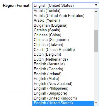 4. From the Region Format drop-down, select your desired language