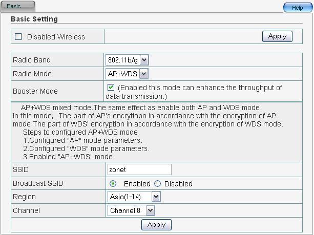4.4.4 AP+WDS In AP+WDS mode, ZEW3003 will work both in AP mode and WDS mode.