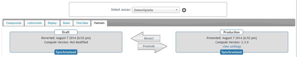 If it is necessary to discard all changes to the Draft assay settings and revert to the Production settings, click the Revert arrow (red circle, Figure 146).