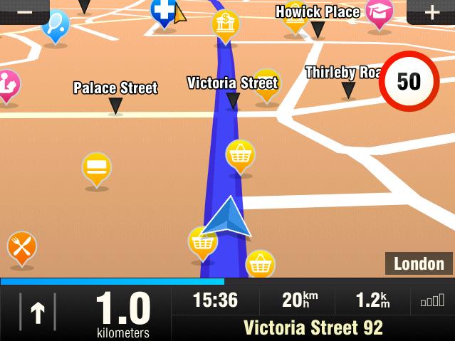Navigation Screen On start-up, the application opens with the Navigation Screen, showing your position as a blue arrow.