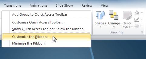 In addition, you can add your own customized tabs that contain your favourite commands. PowerPoint Ribbon Certain programs, such as Adobe Acrobat Reader, may install additional tabs to the Ribbon.