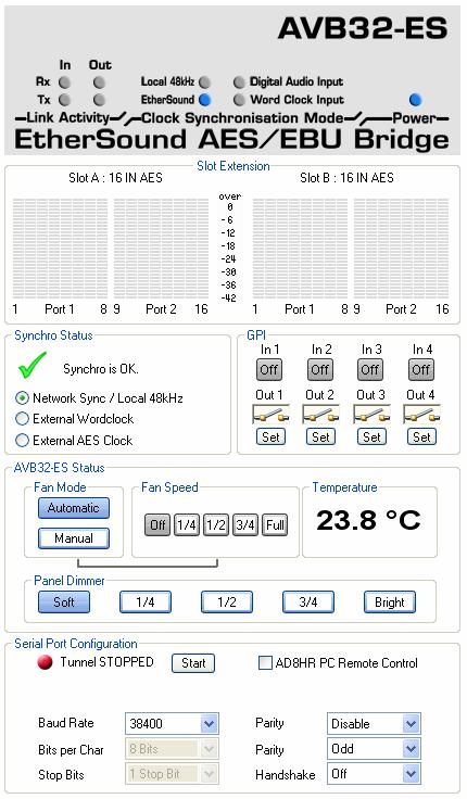 AVB32-ES Control Page in ESMonitor If the Control page is selected, ESMonitor will display following information: All standard parameters of the AVB32- ES can be seen or changed in this control page.