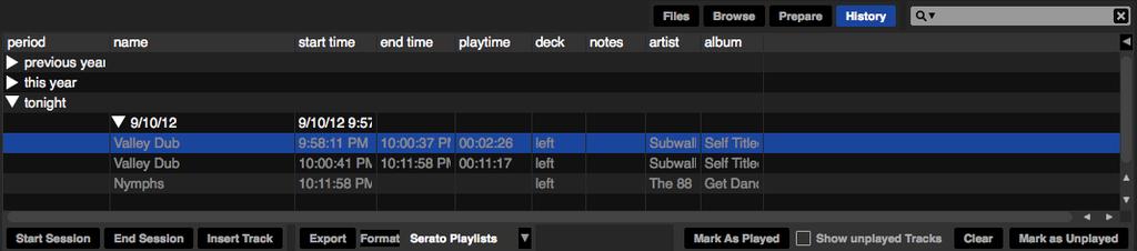 History The History panel is useful for three main reasons: Viewing or editing what you played during a previous set Exporting your set to the Serato Playlist website or to other formats Enabling