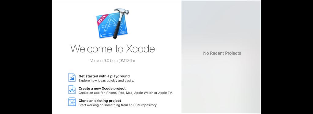 Figure 2: Xcode's welcome screen The welcome screen offers a list of the recent projects on the right and buttons on the left to initiate a new project or find those already created and stored in a