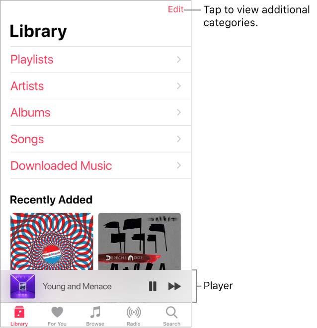 Library The Library tab includes any added or downloaded music from Apple Music, music and music videos synced to iphone, TV shows and movies you added from Apple Music, and itunes purchases.