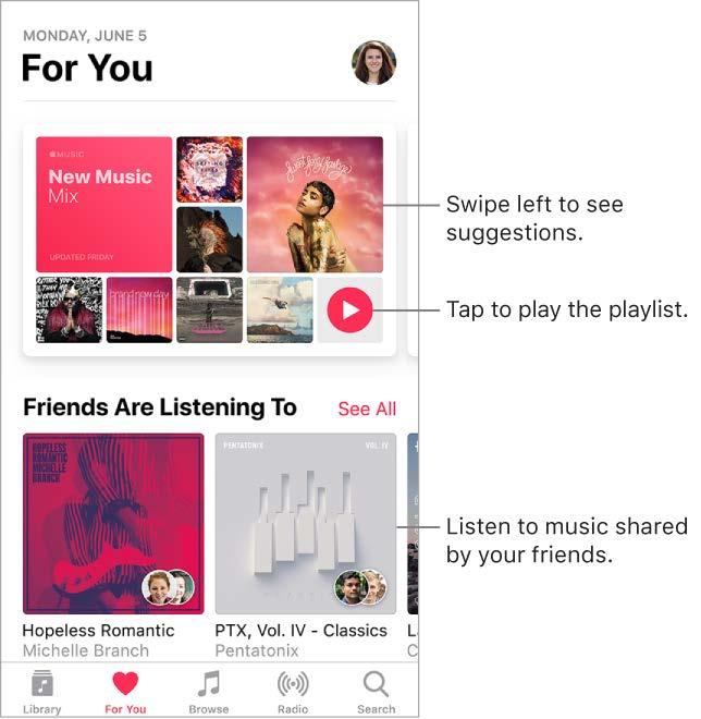 Quickly navigate to the album. Tap the song, artist, or album name in Now Playing. Hide Now Playing. Tap at the top of the Now Playing screen. Share music. Tap, then tap Share Song. Shuffle.