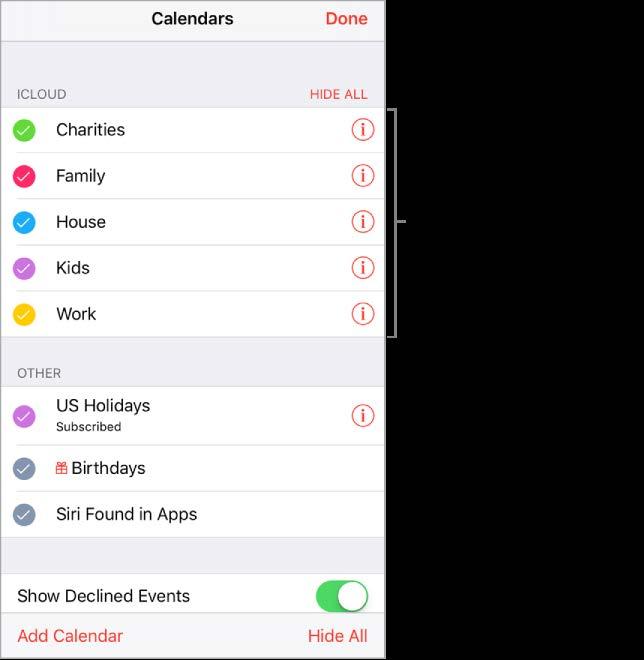 Use multiple calendars See multiple calendars at once. Tap Calendars, then select the calendars you want to view. Turn on icloud, Google, Exchange, or Yahoo! calendars. Go to Settings > Accounts & Passwords > Add Account > Other, tap Add CalDAV Account or Add Subscribed Calendar, then enter a server address.