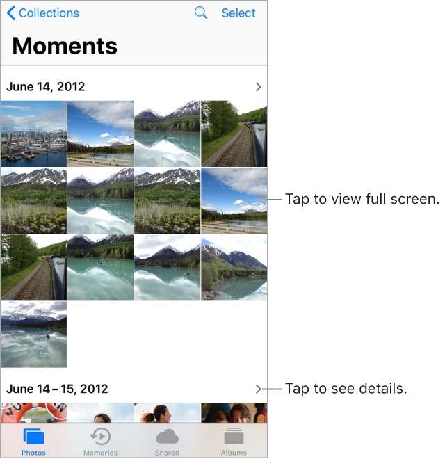 Photos Photos overview With the Photos app you can view, organize, share, and edit your photos and videos.