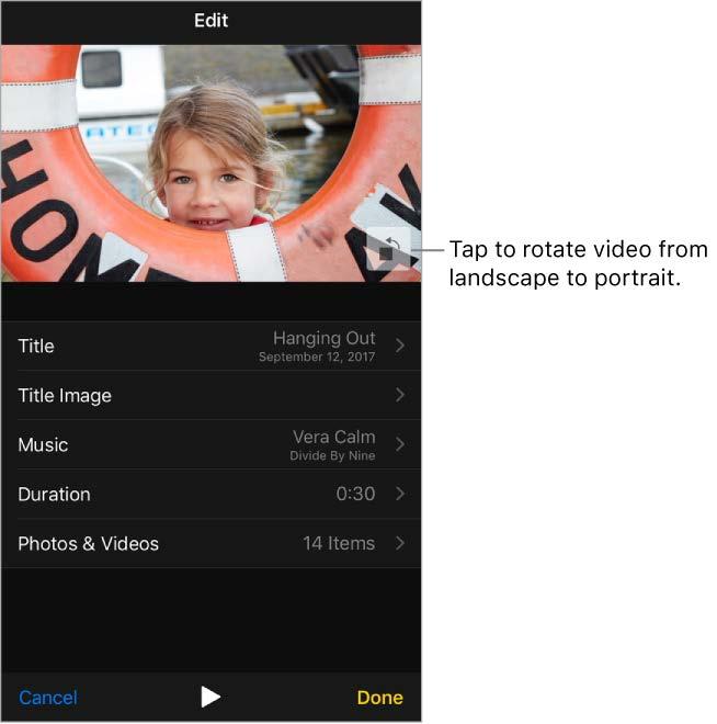 Trim a video in the Memory movie: Tap Photos & Videos, tap a video in the timeline, then trim the video. See Edit photos and trim videos.