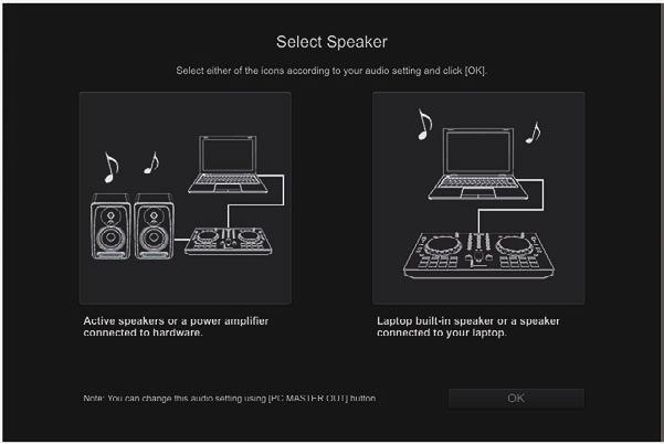 Set the audio Start rekordbox to display [Select Speaker] while this unit is connected. Select one of the options to match your audio environment and then click [OK].