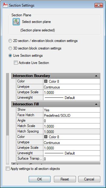 To display the Section Settings dialog, click the arrow in the lower-right corner of the Section panel on either the Home or Mesh Modeling ribbons (SECTIONPLANESETTINGS command).