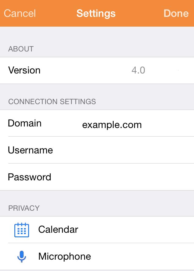 Infinity Connect Mobile client for ios To preconfigure the Infinity Connect Mobile client for ios with a domain: 1. Select Connection settings. 2. In the Domain field, enter the domain. 3.