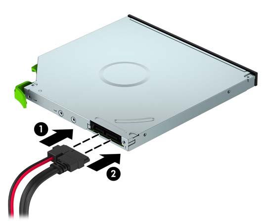 10. Connect the power cable (1) and data cable (2) to the rear of the optical drive. 11.