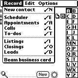 Using Top Producer for Palm The Record menu Use the Record menu commands to add a new contact record, view lists of activities, access the listings, closings and leads, and to beam business card