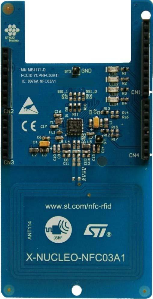 System setup guide 5.1.2 X-NUCLEO-NFC03A1 expansion board The X-NUCLEO-NFC03A1 is a contactless transceiver IC expansion board that can be used with the STM32 Nucleo platform.