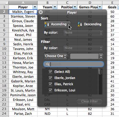 You can now click the arrow in any of the category boxes to sort your data. In Figure 3, I am sorting the players by alphabetical order.