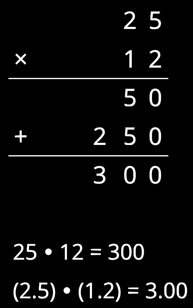 1. A common way to find a product of decimals is to calculate a product of whole numbers, then place the decimal point in the product. Here is an example for.