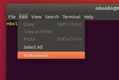 Custom Terminal Edit -> Preferences I prefer black text on a white background, with a larger font, and a large amount of scrollback lines.